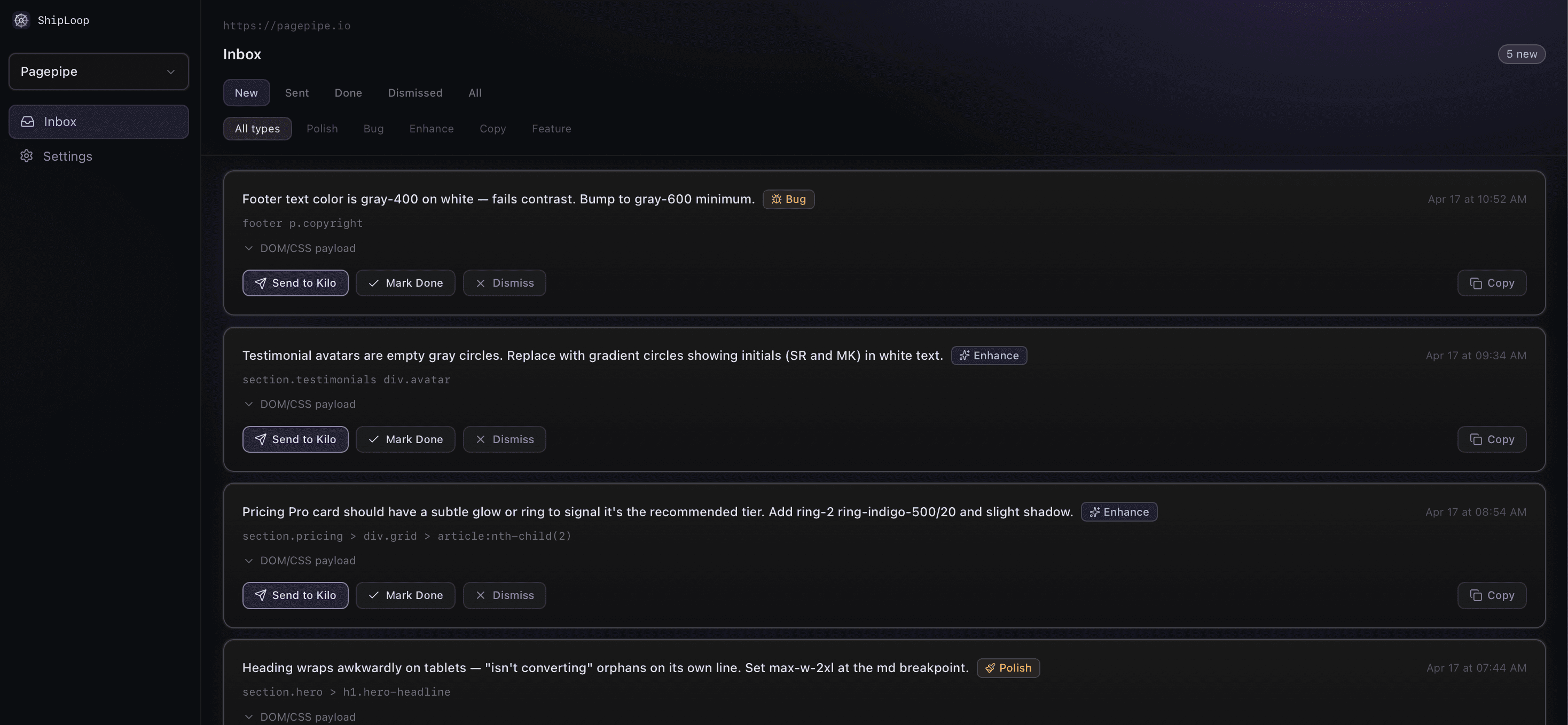 ShipLoop dashboard showing auto-triaged submissions with type and size tags